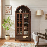 Farmhouse Arched Cabinet with Glass Doors, Wood Display Cabinet with Drawer and Adjustable Shelves, 71” Kitchen Pantry Tall Bookshelf Modern China Cabinet for Living Room,Office (Rustic Brown) RowyPoey