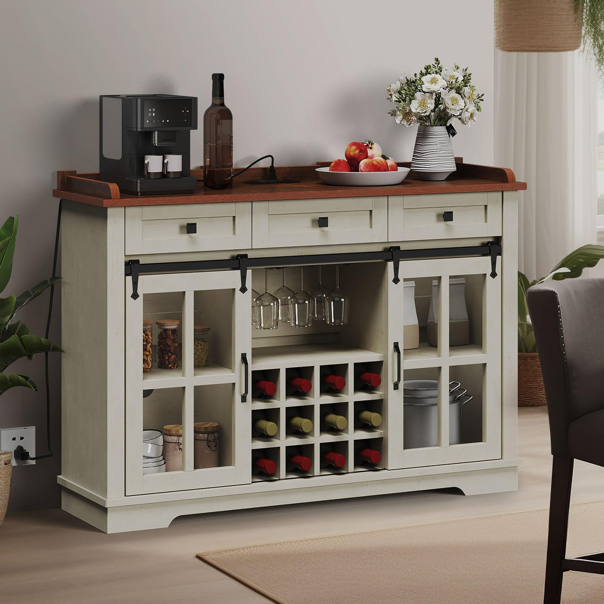 DWVO Farmhouse Wine Bar Cabinet with Power Outlet, 53" Farmhouse Home Bar Cabinet Buffet Cabinets with Wine & Glass Rack for Kitchen, Dining Room, Antique White DWVO