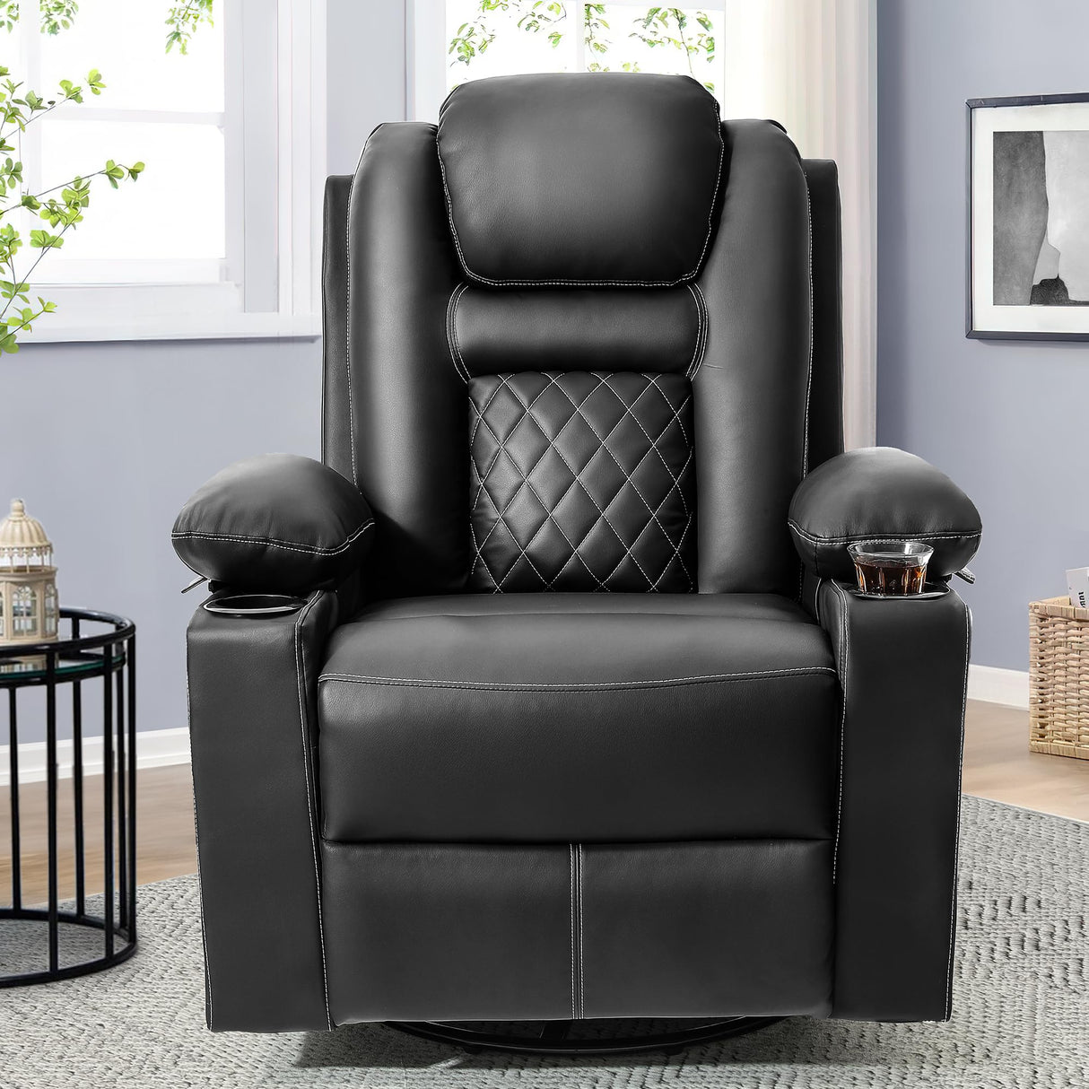 YITAHOME Recliner Chair,PU Rocking Chair for Adults,Swivel Recliner with Cup Holders,Heat and Massage,Single Sofa Seat with Side Pockets for Living Room/Bedroom,Black YITAHOME
