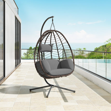 Kullavik Outdoor Hanging Egg Chair with Stand,Indoor Swinging Chair Patio Wicker Hammock Egg Chair with Thicken Padded Cushions,Indoor 350lbs Capacity forBalcony Living Room Bedroom(Grey) Kullavik