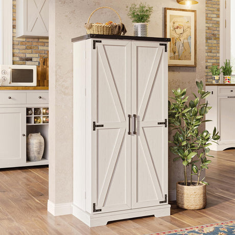 50" Kitchen Pantry Farmhouse Storage Cabinets - Led Food Cabinets Cupboards with 2 Barn Doors and Shelves Adjustable for Small Space in Dinning or Living Room, in Distressed White Furnaza