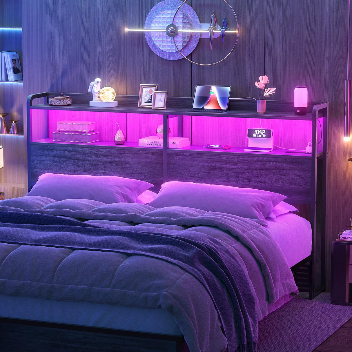 Aheaplus Queen Size Headboard with USB Ports, Outlets, LED Lights & Storage – Adjustable Black Oak Design Aheaplus