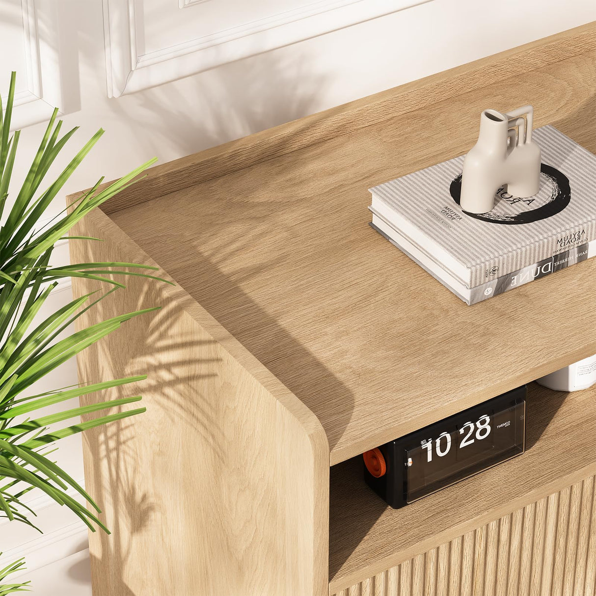 Jocoevol Fluted TV Stand for 65 Inch Boho Entertainment Center With Storage, Wood Media Console Cabinet With Shelves and Doors, Living Room Furniture for Bedroom, Natural Oak Jocoevol