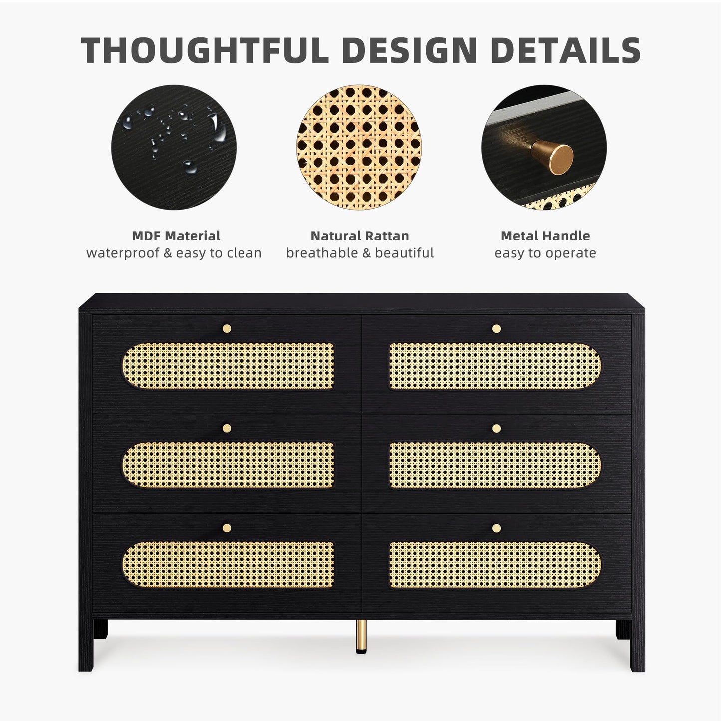 DWVO Natural Rattan 6 Drawer Dresser-Wooden Black Boho Double Dresser Chest of Drawers with Golden Handles-Modern Large Closet Dressers Storage Cabinet for Living Room/Hallway/Entryway