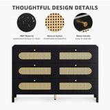 DWVO Natural Rattan 6 Drawer Dresser-Wooden Black Boho Double Dresser Chest of Drawers with Golden Handles-Modern Large Closet Dressers Storage Cabinet for Living Room/Hallway/Entryway DWVO
