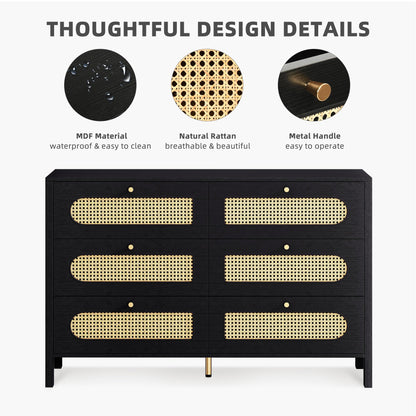 DWVO Natural Rattan 6 Drawer Dresser-Wooden Black Boho Double Dresser Chest of Drawers with Golden Handles-Modern Large Closet Dressers Storage Cabinet for Living Room/Hallway/Entryway