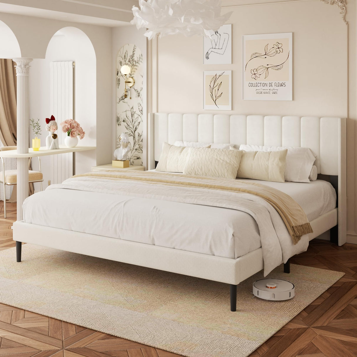 King Size Bed Frame with Vertical Chanel Tufted Headboard and Wingback, Upholstered Platform Bed, Strong Wooden Slats, Easy Assembly, Noise Free, No Box Spring Needed, Beige Velvet HAOARA