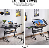 Gaderth Drafting Table w/Stool, Height Adjustable Drawing Table, Multifunctional Art Craft Paintings Work Station w/2 Storage Drawers Artists Desk Tilting Glass Tabletop for Home Office, Black Gaderth