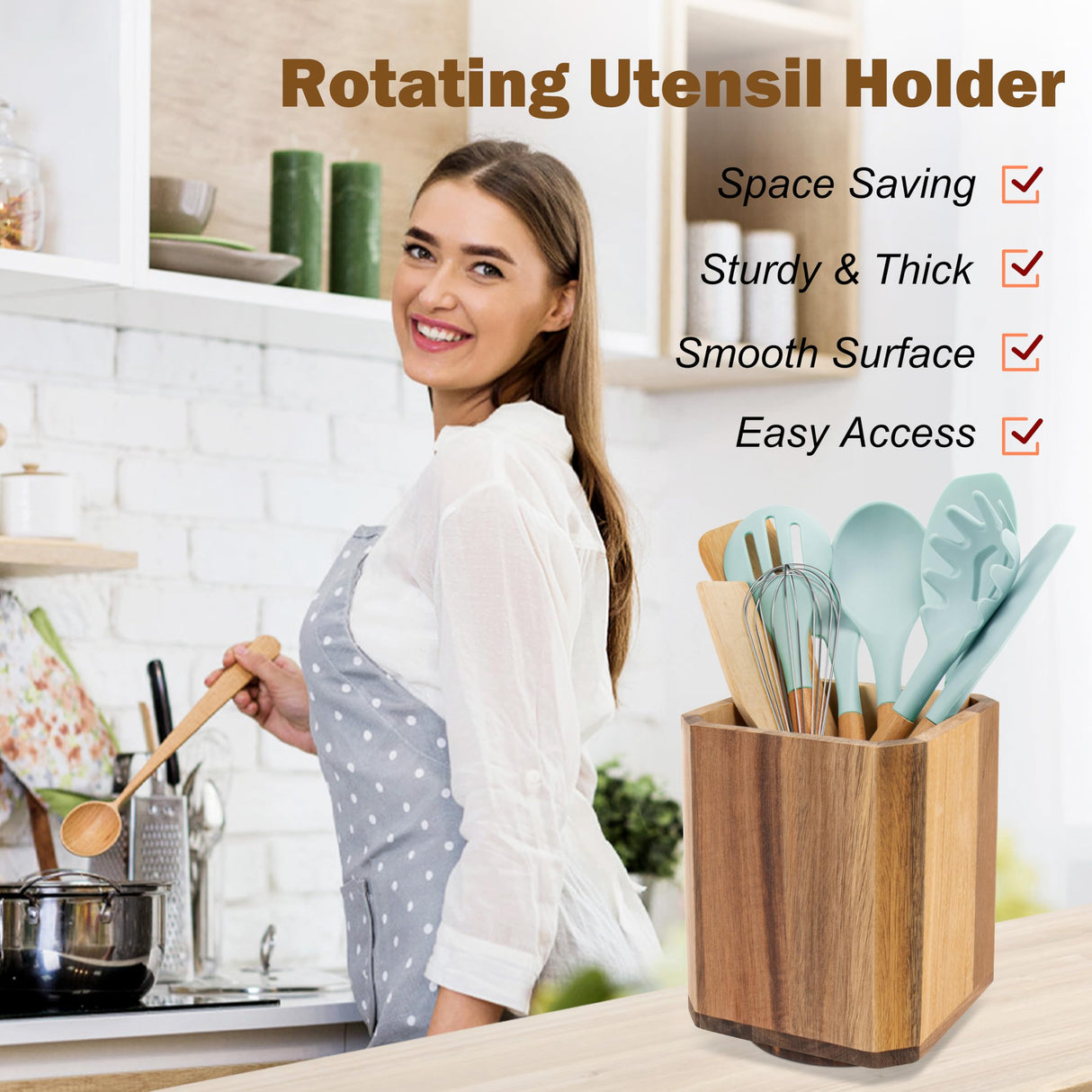 RedCall Acacia Wood Utensil Holder, 360° Rotating Large Cooking Utensil Organizer, Kitchen Tool Storage for Countertop,Spoon Spatula Holder for Kitchen Counter,Farmhouse Kitchen Decor RedCall