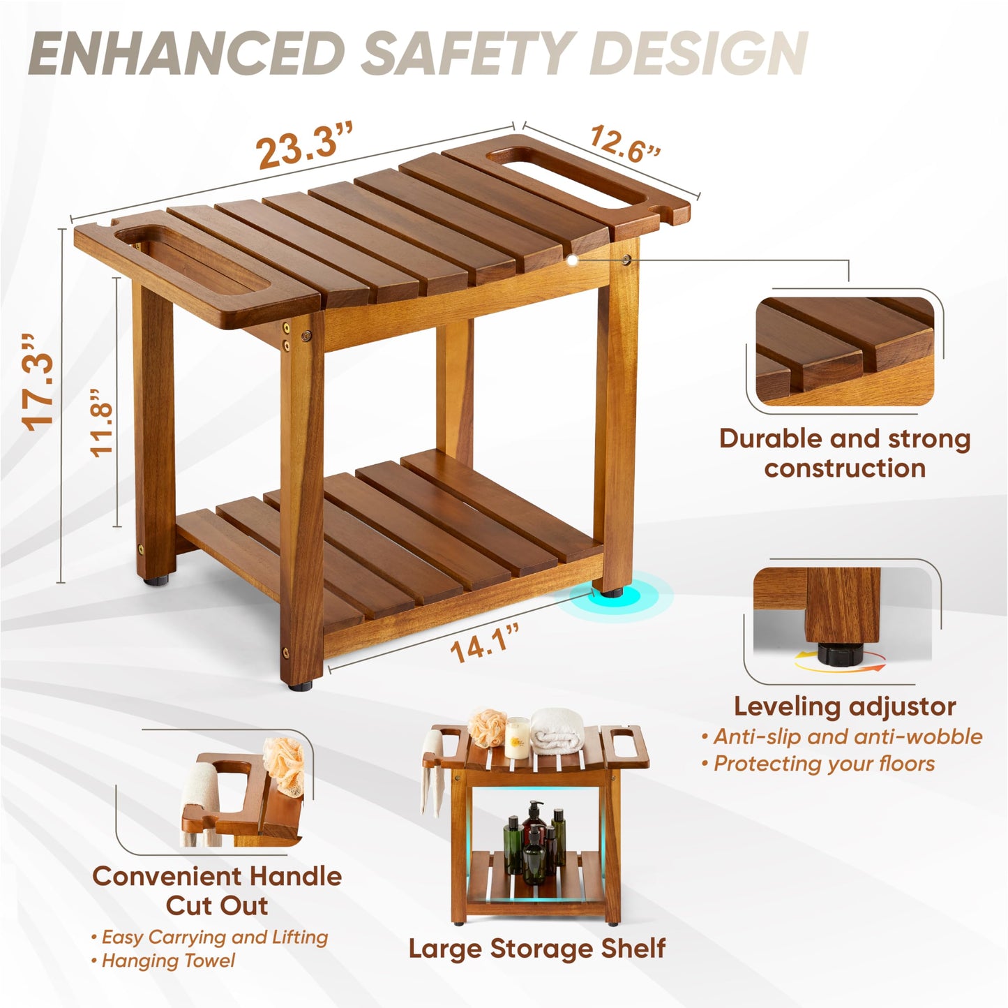 BLUEWEST Shower Bench Seat with Storage Shelf, Natural Wood Shower Benches for Inside Shower to Sit on, Waterproof Bathroom Spa Bench Stool for Legs Shaving with Built-in Handle & Shower Head - WoodArtSupply