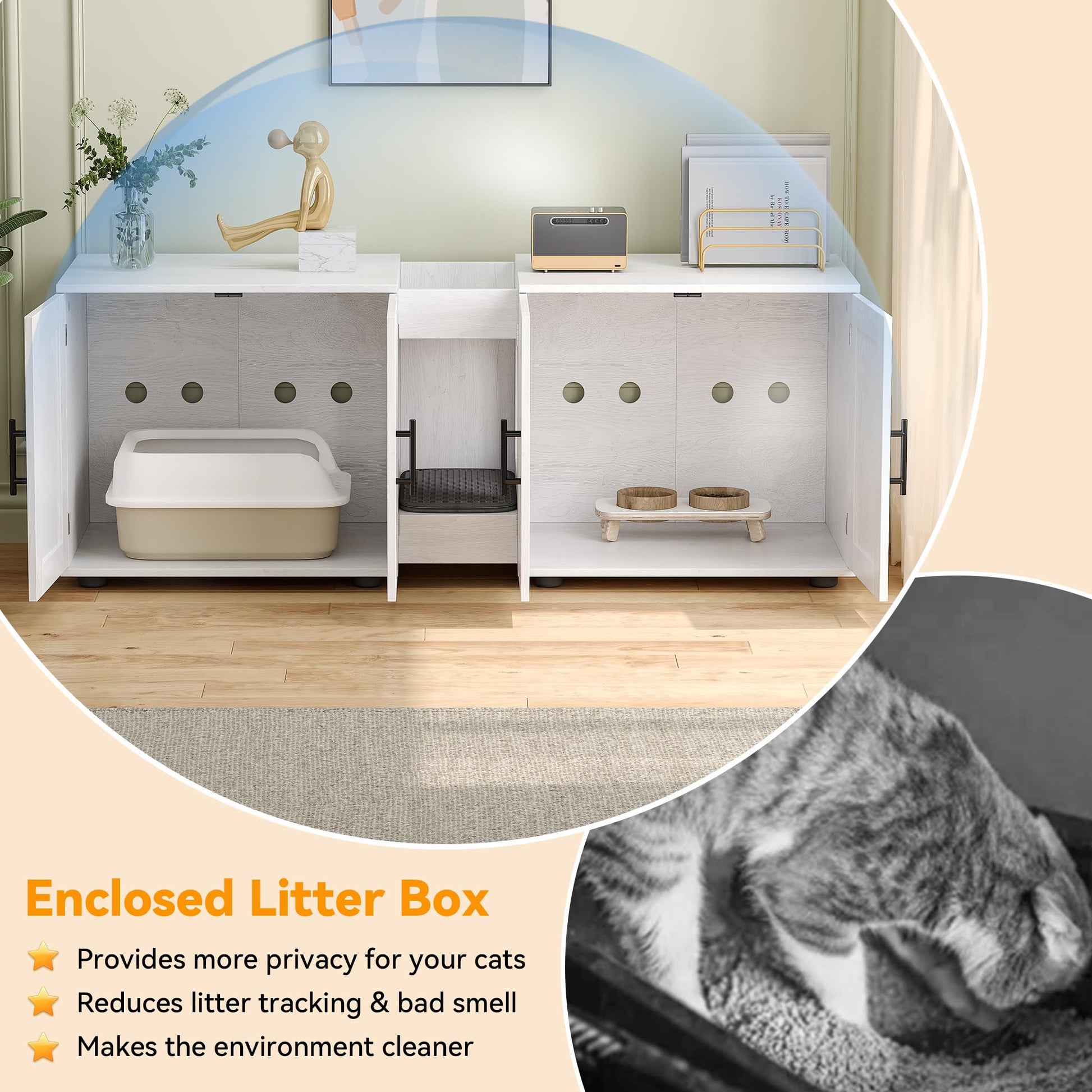 Gaomon Litter Box Enclosure with Double Cage, Cat House,Hidden Litter Box Enclosure Furniture for 2 Cats, Wooden Enclosed Cat Litter Box Furniture,55”L x 17.7”W x 22.5”H,White - WoodArtSupply