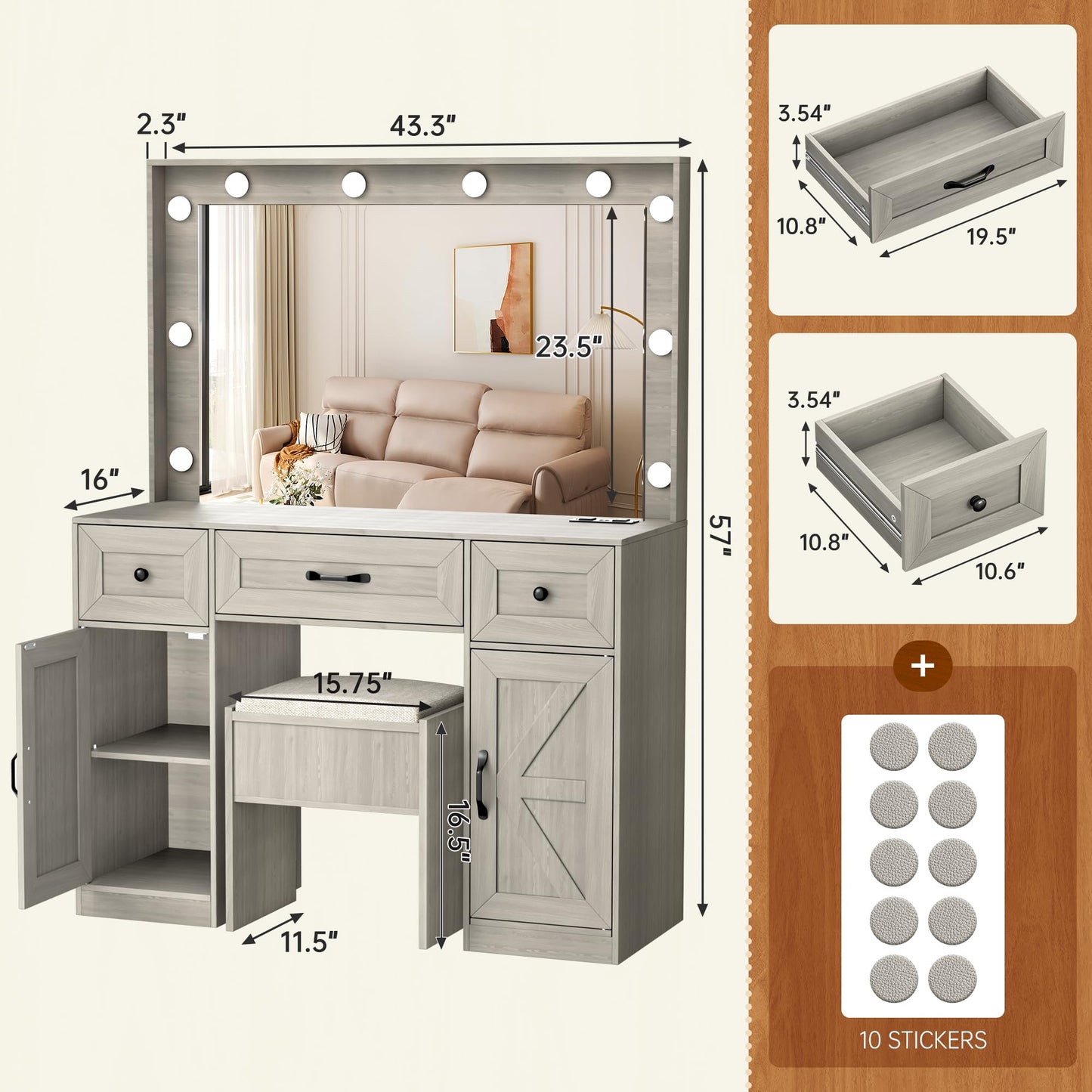 Greenvelly Vanity Desk with Mirror and Lights,Farmhouse Vanity Mirror with Lights Desk and Chair,3 Lighting Modes, Dressing Table with Drawers, Vanity Table Set for Women, Girls(Grey) - WoodArtSupply