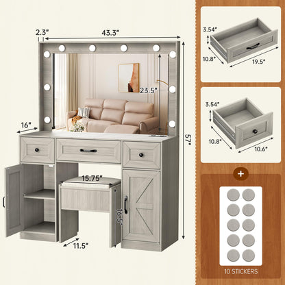 Greenvelly Makeup Vanity Table with Lighted Mirror, Grey Vanity Desk with 3 Lighting Modes and Stool Set, Dressing Table with Drawers, Vanity Desk for Women and Girls' Bedroom