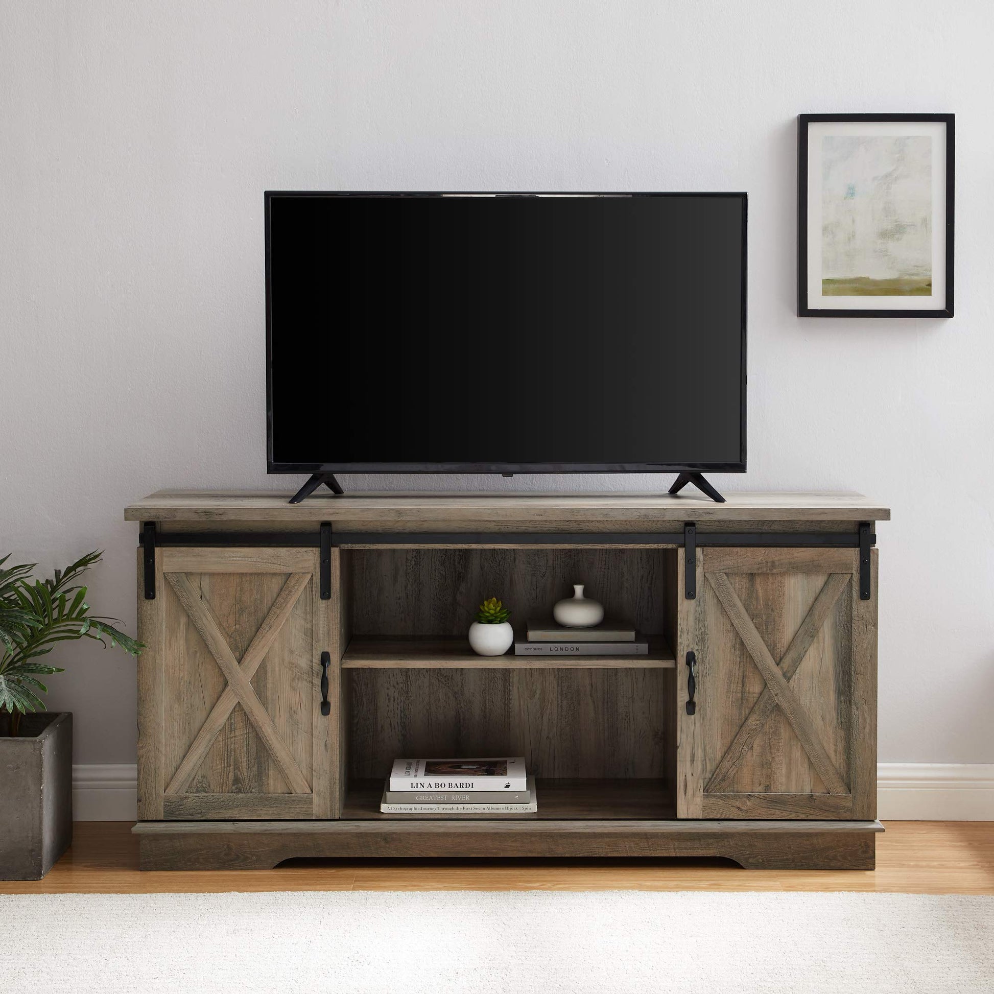 Walker Edison Richmond Modern Farmhouse Sliding Barn Door TV Stand for TVs up to 65 Inches, 58 Inch, Grey Wash - WoodArtSupply