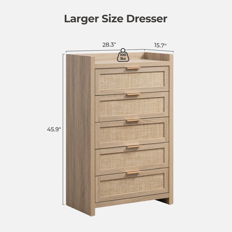 SICOTAS Dresser for Bedroom Chest of Drawers 46" Tall Dresser for Closet with 5 Rattan Drawers Boho Night Stand Large Clothes Storage Cabinet for Living Room Hallway Nursery Entryway SICOTAS