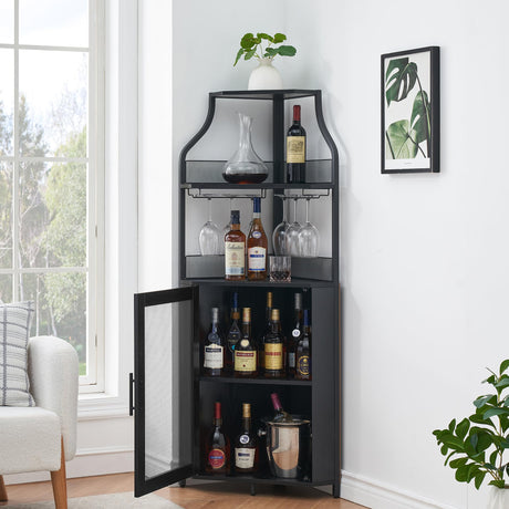 IDEALHOUSE Corner Bar Cabinet, Wine Bar Cabinet with Large Storage Space and Detachable Wine Rack, Wine Cabinets with Glass Holder and Mesh Door for Dining Room, Living Room, Kitchen (Black) IDEALHOUSE