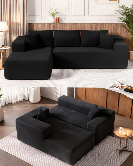 Trygoal L-Shape Cloud Sectional Sofa, 104” Modern Modular Boneless Couch with Right Chaise Lounge, Compressed Floor Sofa with 5 Pillows & Deep Seat, Rain Drop Velvet Couch for Living Room, Black Trygoal