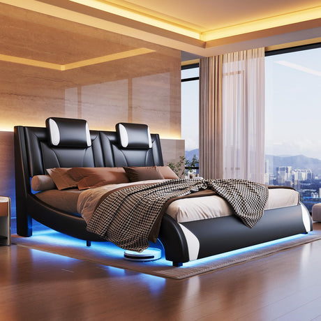 Jocisland Modern Floating Queen Bed Frame with LED Lights and Wave Curve Design in Black Jocisland
