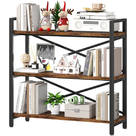 Homeiju 3 Tier Bookshelf 31.49" Width, Wood and Metal Etagere Bookcase, Vintage Farmhouse Modern Wooden Big Book Shelf for Home Living Room Bedroom Office Storage(Rustic Brown) Homeiju
