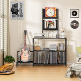 kepptory Vinyl Record Player Stand with Guitar Stand, Record Player Table with RGB LED Light, Record Player Cabinet with Vinyl Storage Holds up to 300+ Albums, Vinyl Player Stand for Home Use (Black) kepptory