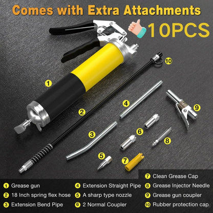 Grease Gun with Needle Coupler, 8000 PSI Heavy Duty Pistol Grip Grease Gun Kit with 14 oz Load, 18 Inch Spring Flex Hose, 2 Working Coupler, 2 Extension Rigid Pipe, Sharp Type Nozzle and Clea - WoodArtSupply