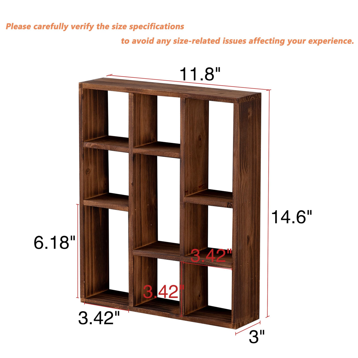 SOFE Small Brown Wood Shadow Box with Shelves, 3 Tier Wall Shelving Unit, 9-Compartment Wall Mounted Curio Cabinet, Knick Knack Display Shelf, Floating Cube Shelves for Walls, Shot Glass Display Case SOFE