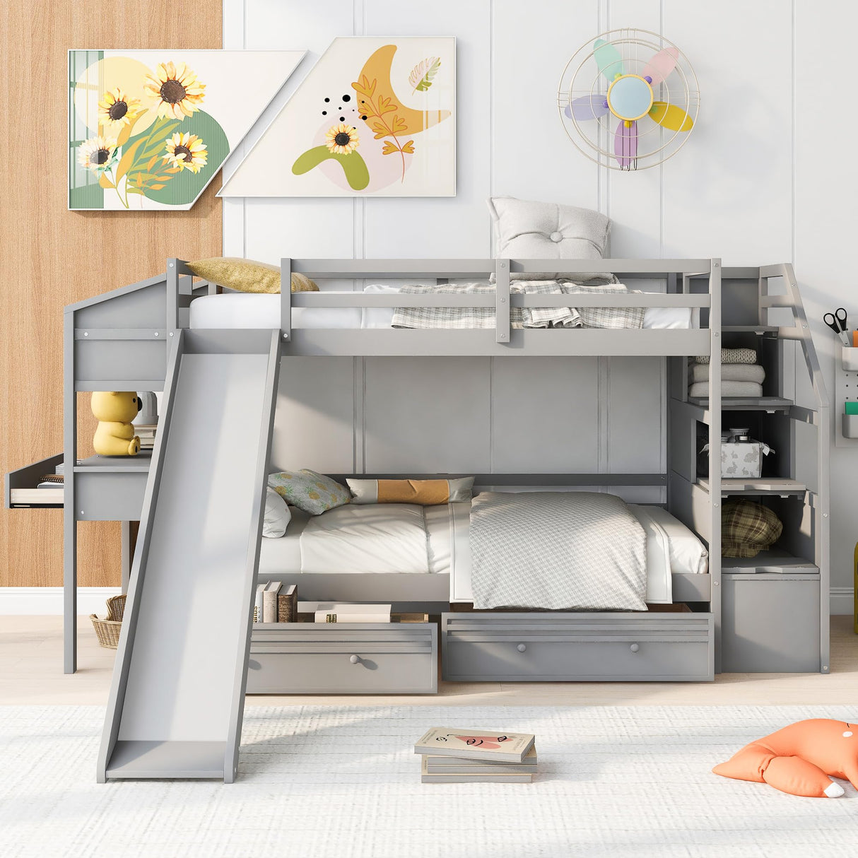 Bellemave Twin Over Twin Bunk Bed with 4 Drawers and Storage Staircase, Wood Bed Frame with Desk and Shelves, Twin Beds with Slide and Full-Length Guardrails for Kid's Room or Dormitory, Gray Bellemave