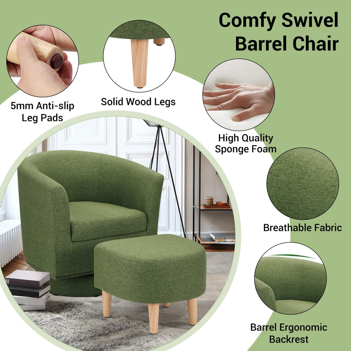 DAZONE Green Swivel Accent Chair with Ottoman, Comfy Barrel Armchair for Small Spaces, 360° Modern Fabric Lounge Chair for Living Room, Bedroom, Reading Nook, Home Office DAZONE