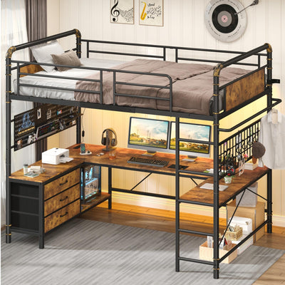 CSZZD Twin Loft Bed with U-Shaped Desk, Metal Loft Bed with LED Lights, Charging Station, Industrial Heavy Duty Bunk Loft Bed Frame with Desk and 3 Storage Drawers, 3 Pegboards, Safety Guard & Ladder