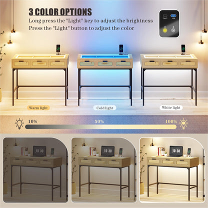 FREDEES Makeup Vanity with LED Lights - Vanity Desk with Glass Top Design & Charging Station, Wooden Makeup Table with Rattan Drawers, Bedroom Furniture Dressing Table Office Desk