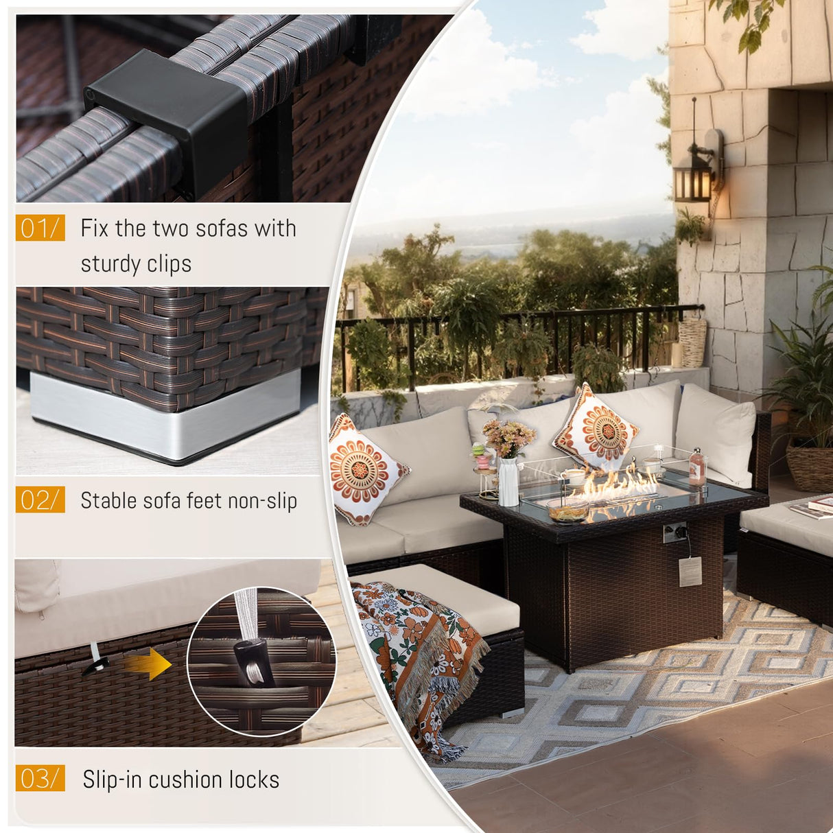 BULEXYARD 7 Pcs High Back Patio Furniture Set with Fire Pit Table Propane/Natural Gas Dual Fuel, All-Weather Outdoor Sectional Couch, Comfy Backyard Seating for Exterior, Brown Wicker & Beige Cushion BULEXYARD