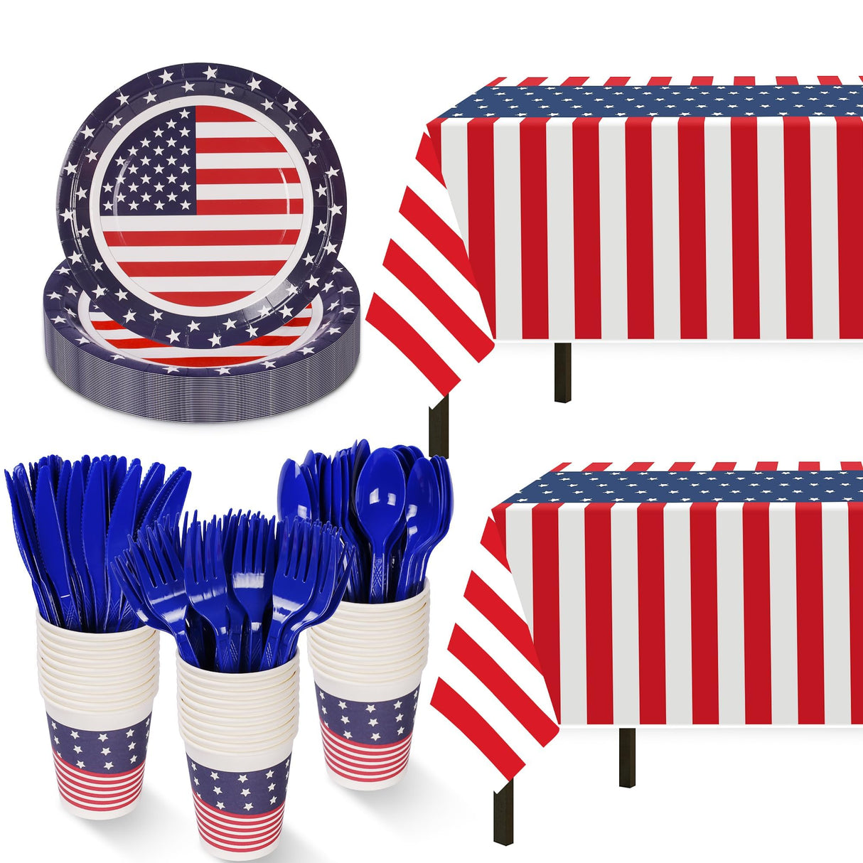 Patriotic Party Supplies,152Pcs American Flag Themed Party Set, Patriotic Party Decorations, American Flag Tablecloths,4th of July Plates Cups, Red White and Blue Decor for Outside, Picnic, Memorial Childom