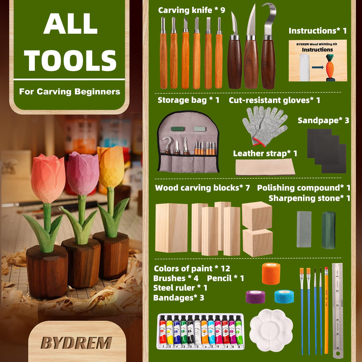 BYDREM Wood Carving Kit, Wood Whittling Kit, Carving Knife Kit, 9 PCS Wood Carving Knifves, 7 PCS Wood Carving Blocks, 12 Colors of Paint, Wood Carving Tools, Complete Wood Whittling Kit for Beginners BYDREM