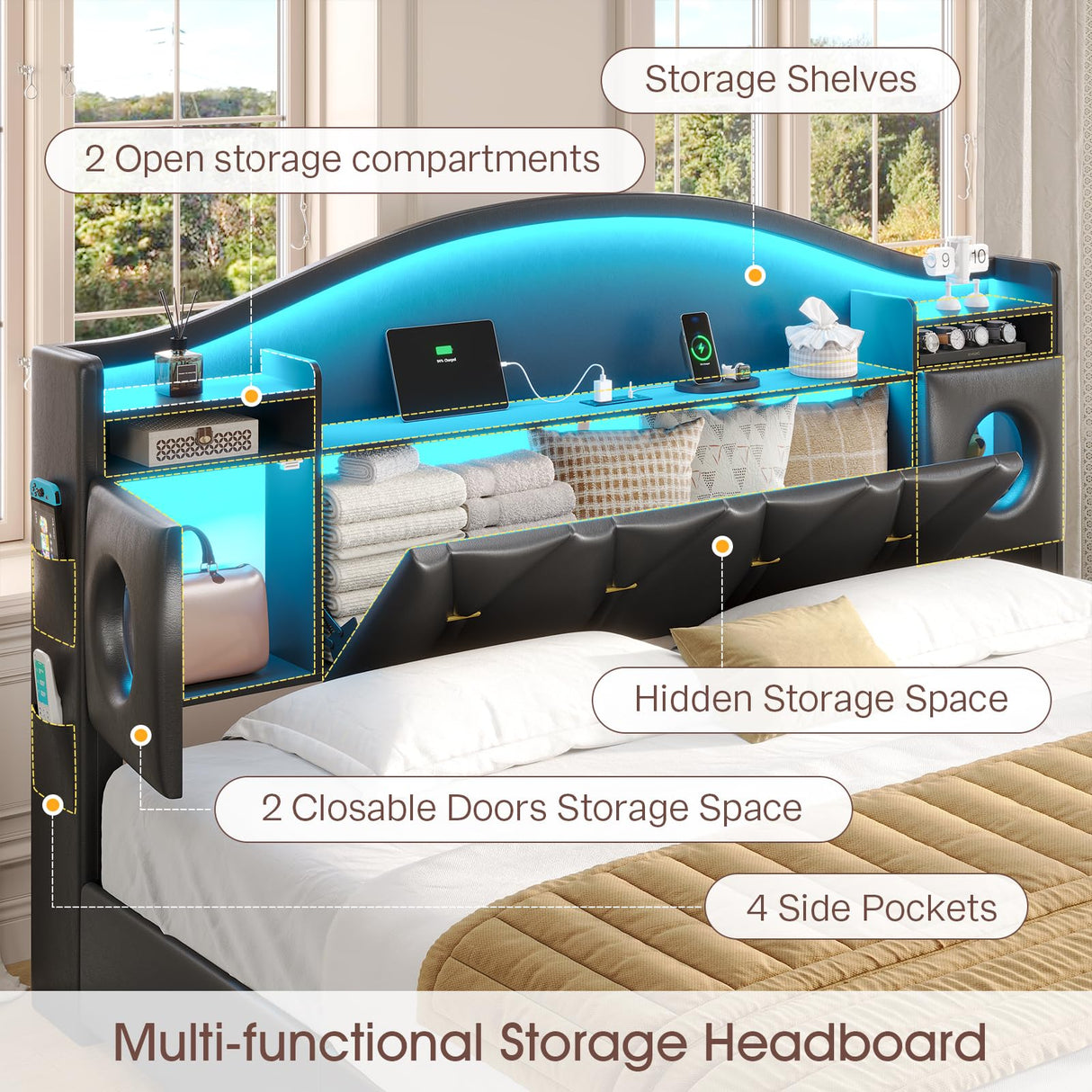 King Size Bed Frame,Platform Bed Frame King Size with 6 Storage Drawers & Headboard, King Bed with LED Lights&Charging Station,Sturdy Metal Slats,Noise-Free,No Box Spring Needed,Easy Assembly,PU Black Tagafi