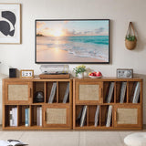 LEYAOYAO Large Record Player Stand with Vinyl Storage Up to 450 Albums, Wood Rattan Boho Record Storage Accent Cabinet, Modern Stereo Media Cabinets, Wide Turntable Stand for Living Room, Tea Brown LEYAOYAO