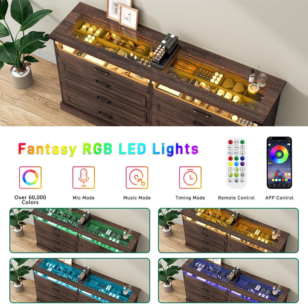 Hlivelood 63" Farmhouse 8 Drawer Dressers for Bedroom, Brown Wood Dresser w/Glass Top&Front Display Organizer, Bedroom Closet Island Chest of Drawers, for Living Room, Bedrooms, Hallway, Brown Hlivelood