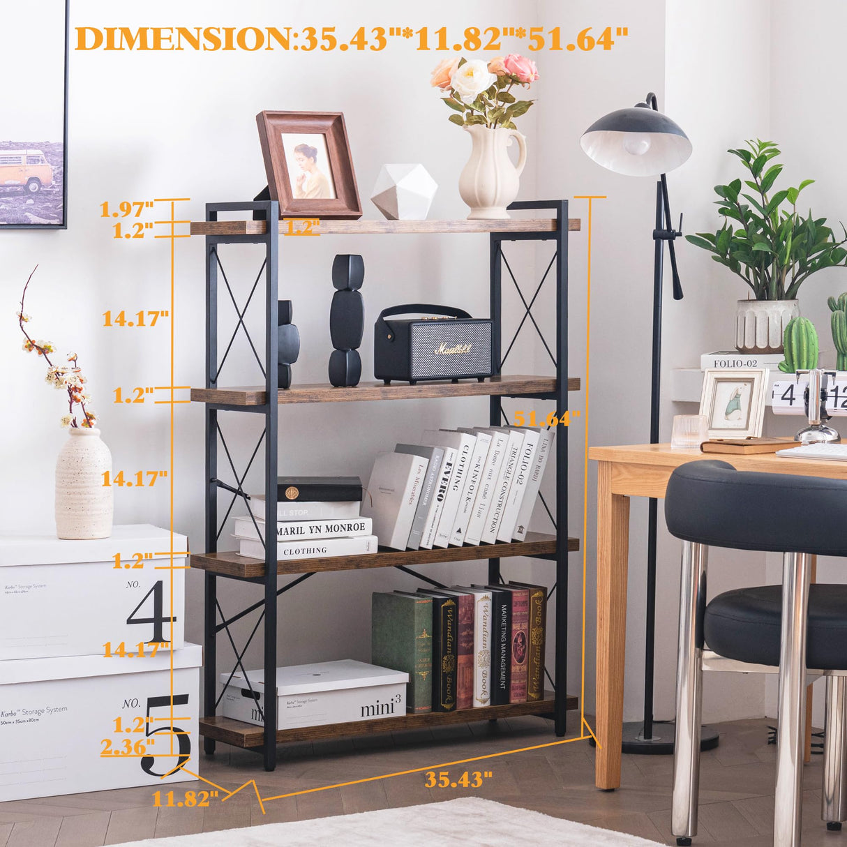 HCHQHS Bookshelf, 4-Tier Industrial Bookcase, Rustic Open Book Shelf, Freestanding Tall Bookshelves with Metal Frame HCHQHS