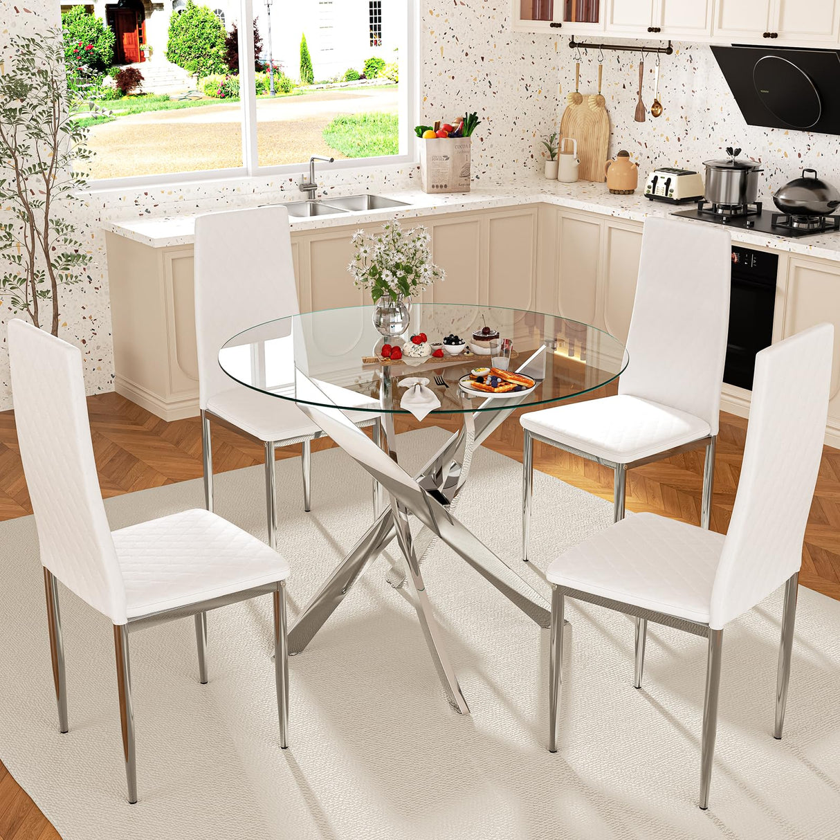 QJZLXKYT Round Dining Table Set for 4, Modern Glass Dining Room Table with Chairs, 5 Piece Kitchen Table and Chairs Set, for Living Room, Small Space (Include 4 White Chairs) QJZLXKYT