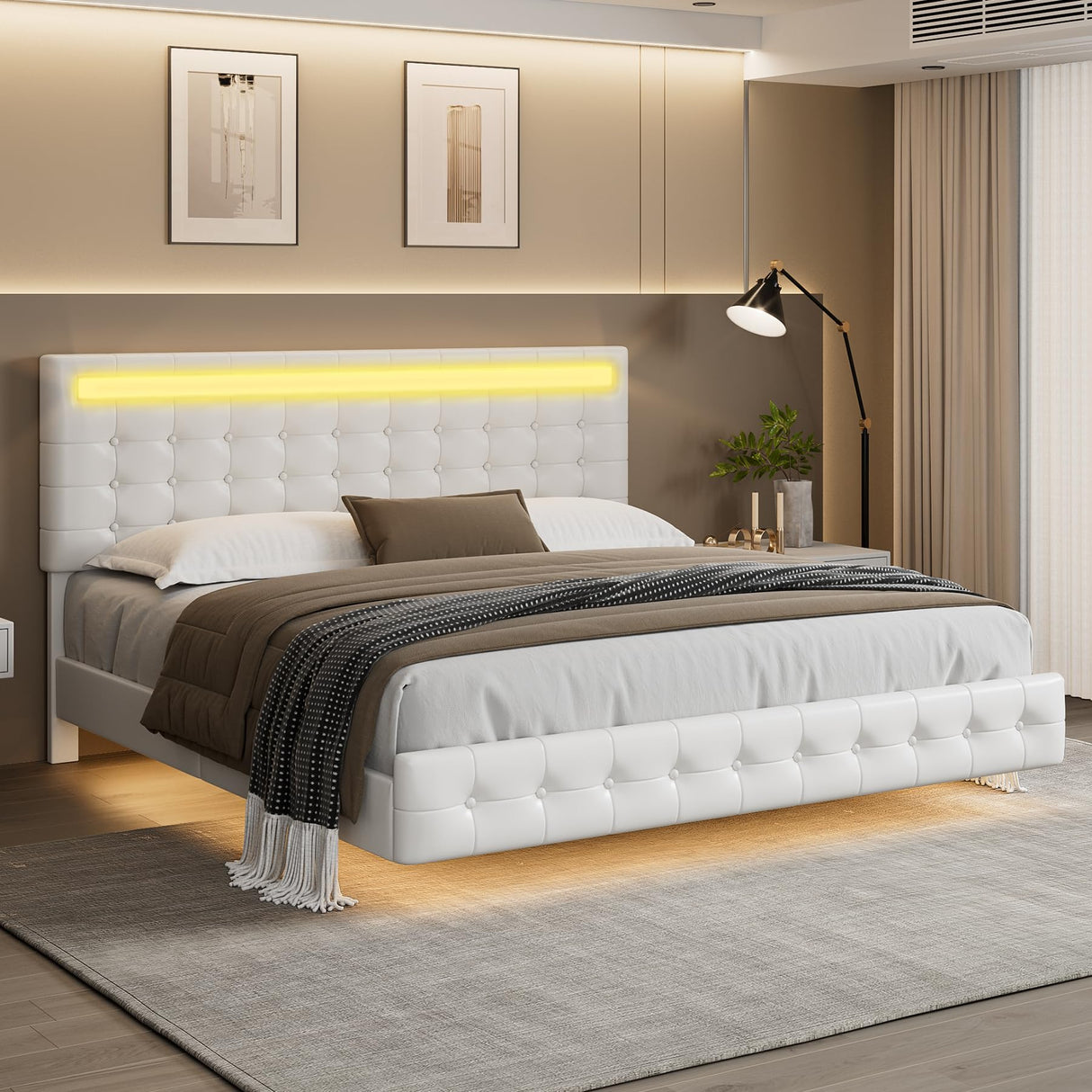 Keyluv Queen Floating Bed Frame with LED Lights and Upholstered Leather Headboard in White Keyluv