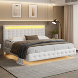 Keyluv Queen Floating Bed Frame with LED Lights and Upholstered Leather Headboard in White Keyluv