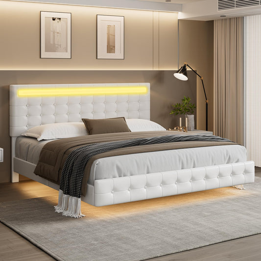 Keyluv Queen Floating Bed Frame with LED Lights and Upholstered Leather Headboard in White - WoodArtSupply