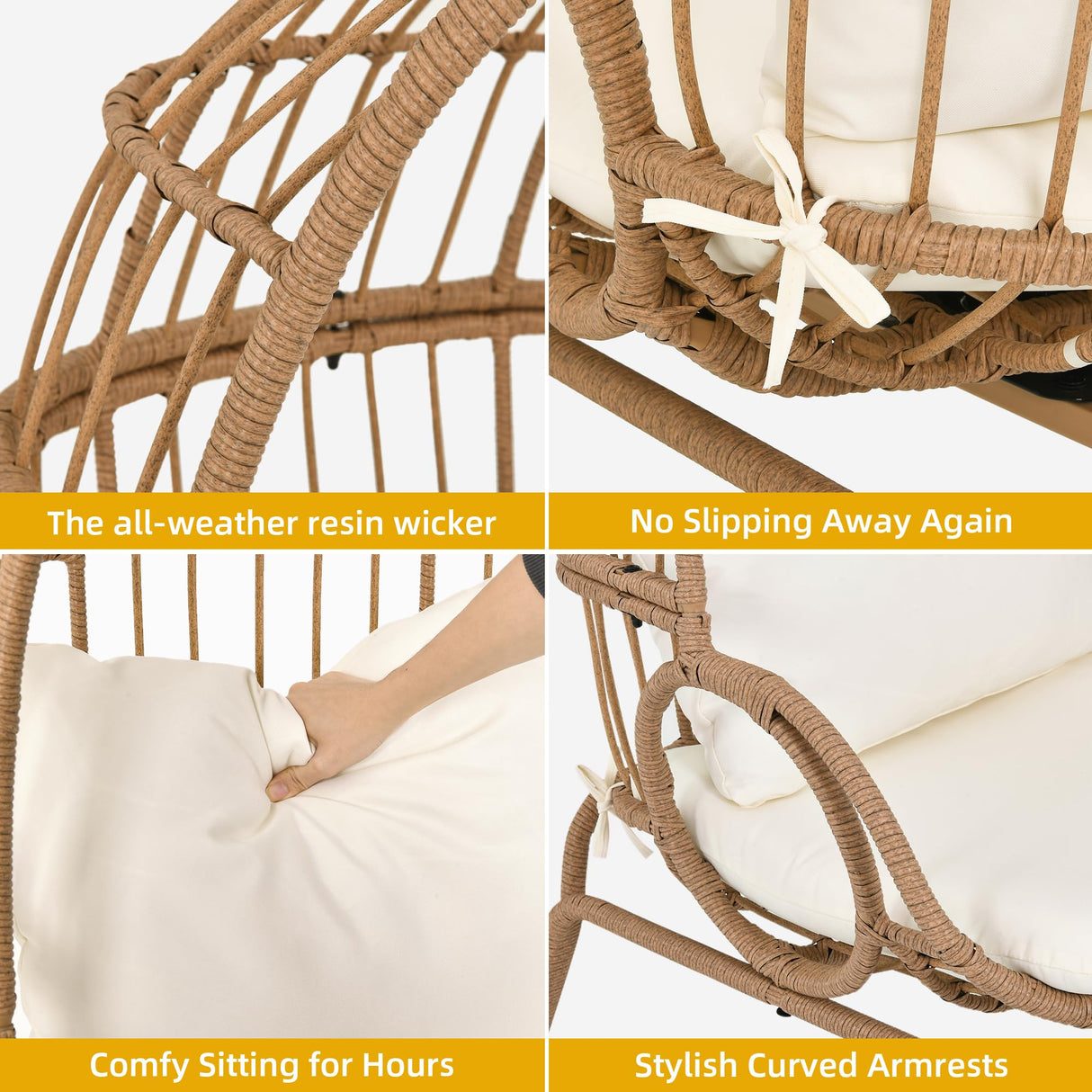 DWVO Egg Chair with Ottoman Outdoor, 370lbs Capacity Wicker Patio Glider Basket Chair with Footrest, All-Weather Small Egg Lounger Chair for Indoor Outside, Beige DWVO