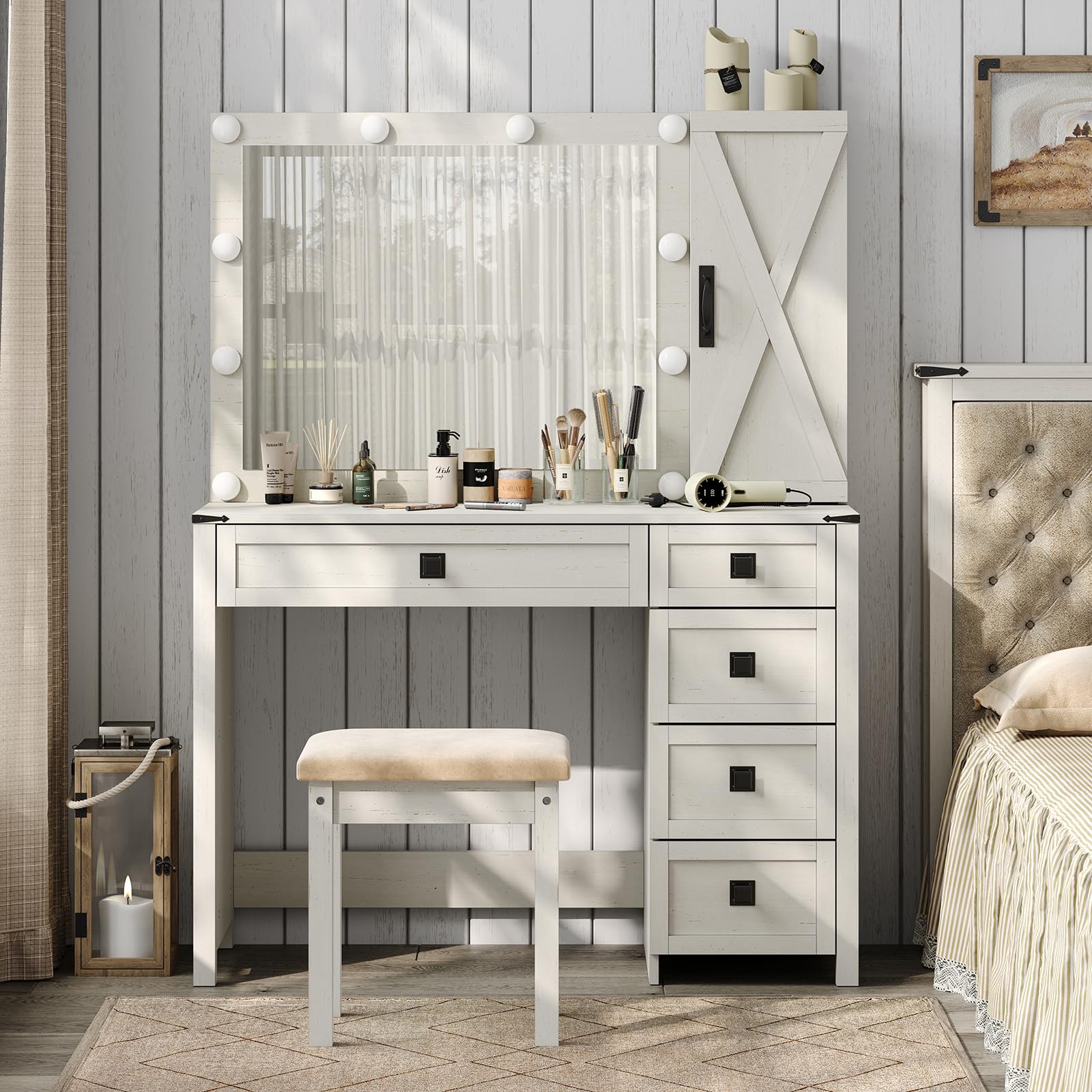 Furniouse Makeup Vanity Desk with Mirror and Lights, 42" Large Vanity with Cabinet Storage and 5 Drawers,Farmhouse Vanity Table Set for Bedroom White, Stool Included - WoodArtSupply