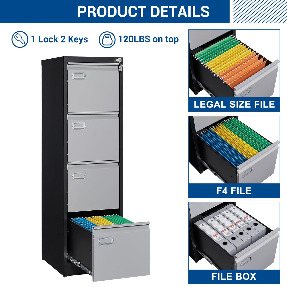 Fesbos File Cabinets - 4 Drawers Vertical 17.8" Deep Lockable Filing Cabinet - Black & Gray Metal Storage Cabinets for Home Office to Hanging Files Letter/Legal/F4/A4 Size Fesbos