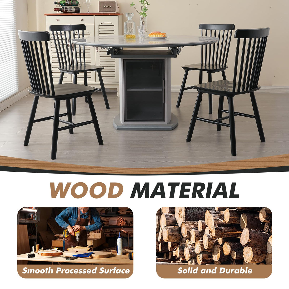 ClinQ Windsor Dining Chair Set of 4, Spindle Back Wooden Chairs for Kitchen and Dining Room, Farmhouse Country Wooden Dining Chairs for Dining Living Room, Farmhouse Restaurant, Black ClinQ