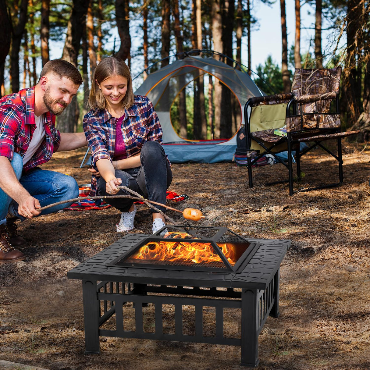 Outdoor Fire Pit 32 Inch Square Metal Firepit Mutltifunctional Fire Pit with Mesh Cover Poker for Outside Backyard Gathering Camping Bonfire, Fireplace for Outdoor Heating Patio Garden FDW