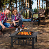 Outdoor Fire Pit 32 Inch Square Metal Firepit Mutltifunctional Fire Pit with Mesh Cover Poker for Outside Backyard Gathering Camping Bonfire, Fireplace for Outdoor Heating Patio Garden FDW