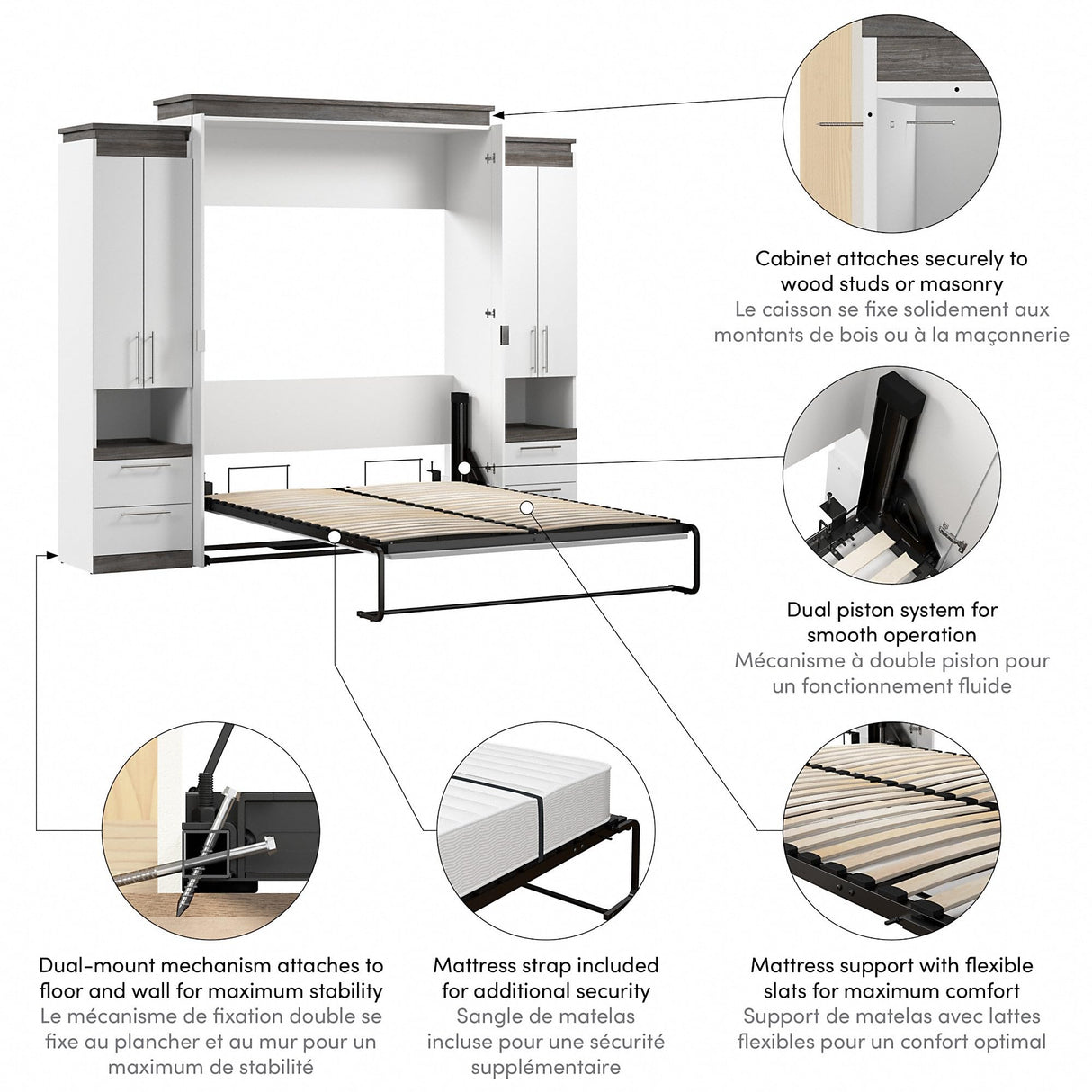Bestar Orion Queen Murphy Bed with Storage Cabinets and Pull-Out Shelf (106W) in White and Walnut Grey, Sleeping Arrangement with Shelves Bestar