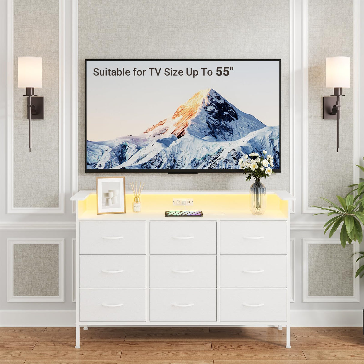 ELYKEN White Dresser with LED Light for Bedroom, Dresser with 9 Drawers and Charging Station, Fabric Chest of Drawers with PU Finish Storage Drawers for Entryway Closet Living Room Hallway Guest Room ELYKEN