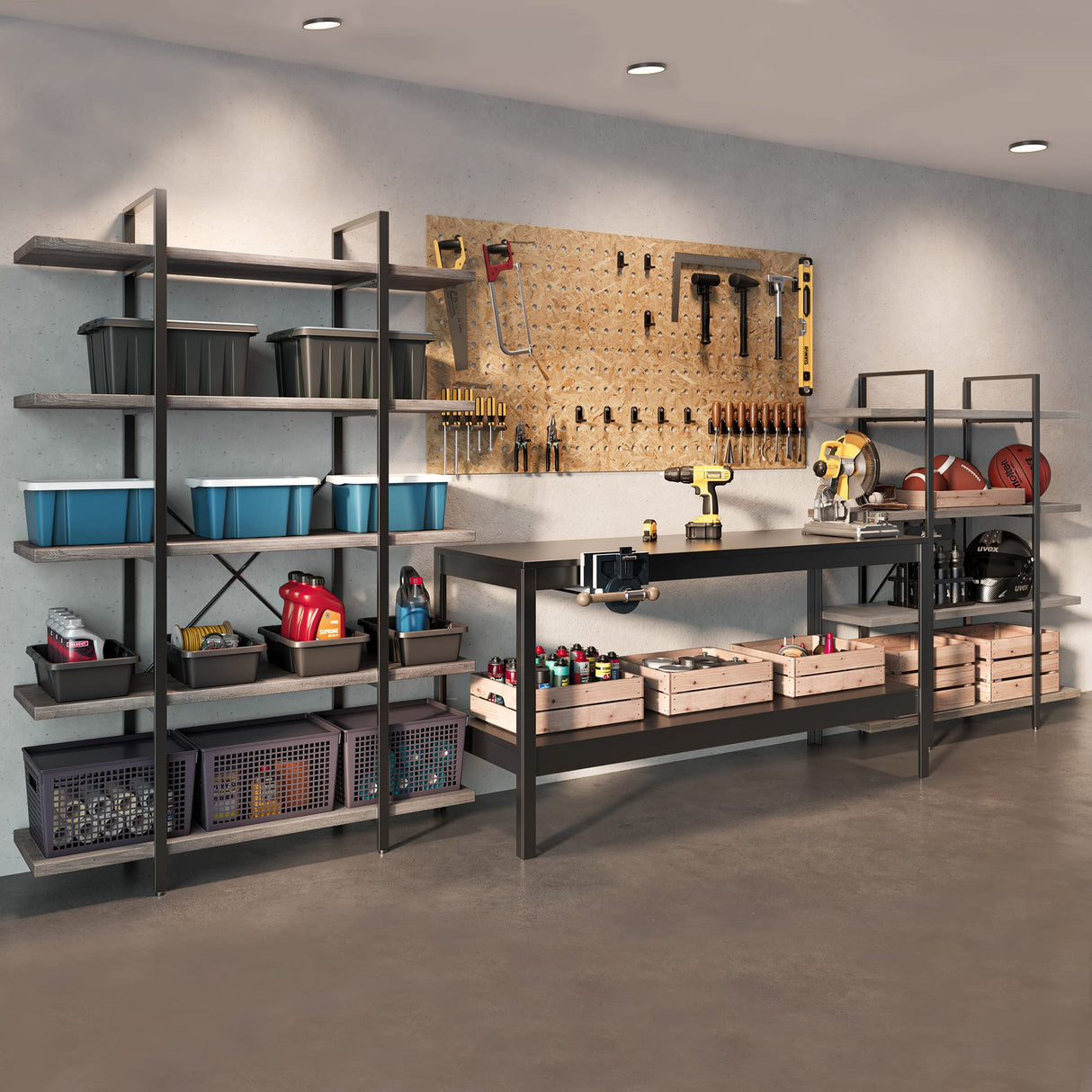 BELLEZE 5-Tier Wood Bookshelf, 70 Inch Industrial Storage Shelves Organizer for Living Room, Pantry, Home Office and Garage, Open Display Shelves with Metal Frame - Gray Wash BELLEZE